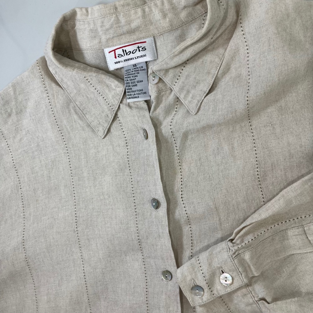 Vtg Talbots Button Down Linen Shirt Women Sz 14 Beige Ladder Stitch Coastal